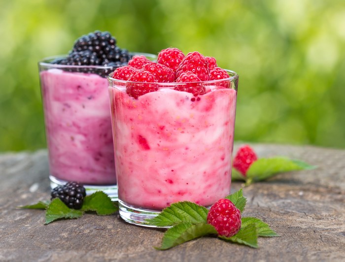 Raspberry and Blackberry Milkshakes in Glasses