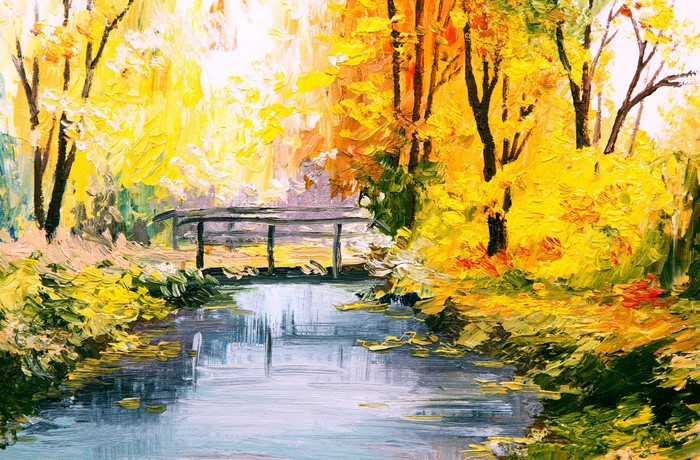 Oil painting of a bridge over a river in autumn park