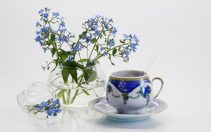 Forget-me-nots in a vase with a teacup and saucer