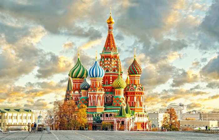 Saint Basil's Cathedral in Moscow, Russia under cloudy sky