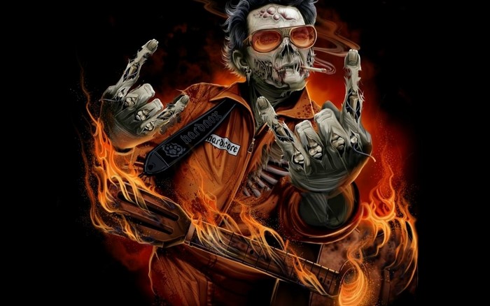 Zombie guitarist playing guitar surrounded by fire