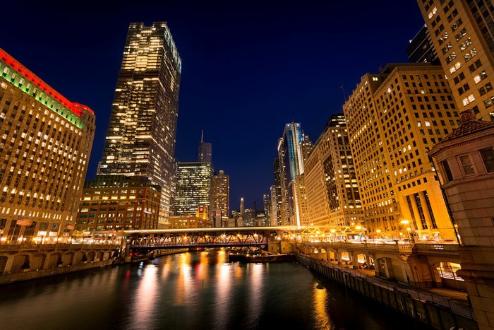 Chicago River at Night with La Salle Street Bridge