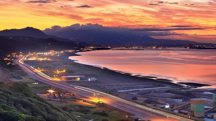 Coastal highway and bay at sunset in Taiwan