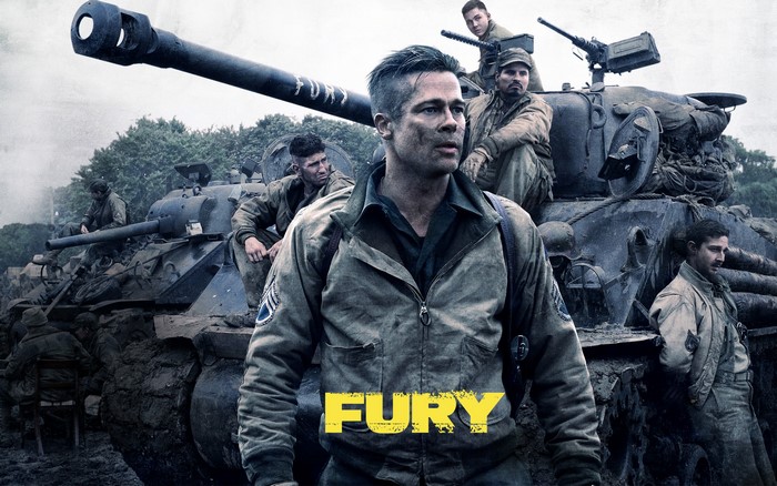 Fury: Brad Pitt and soldiers with M4 Sherman tank