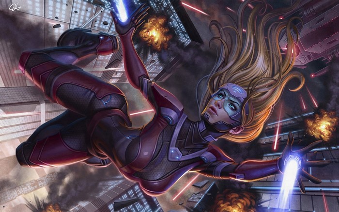 Woman in futuristic suit falling through city