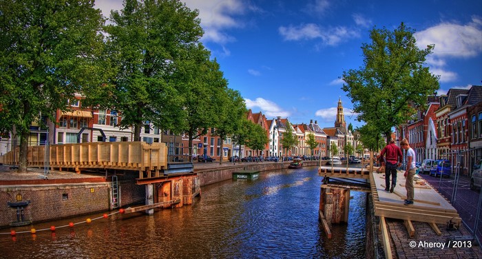 Canal in Groningen, Netherlands with construction