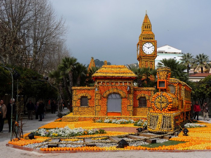 Lemon Festival in Menton, France with citrus sculptures