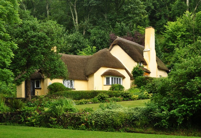 Thatched cottages in Somerset, England surrounded by trees