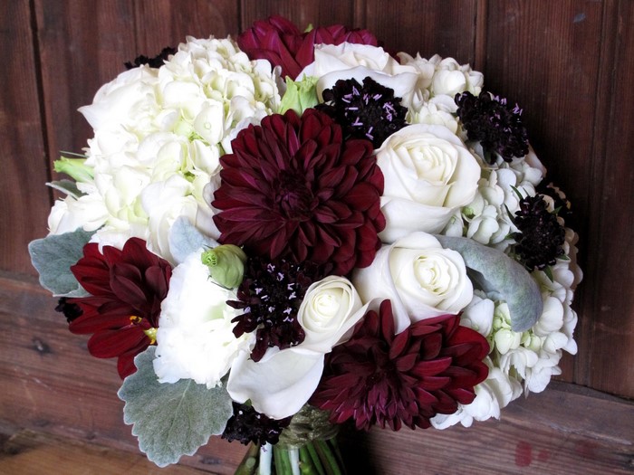 Bouquet of White Hydrangeas, Red Dahlias, and White Roses