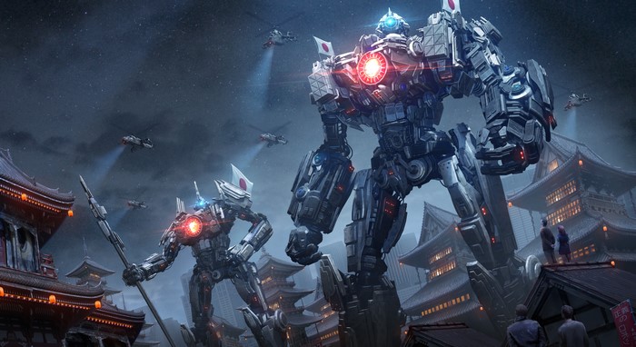 Two giant robots in Japan with helicopters