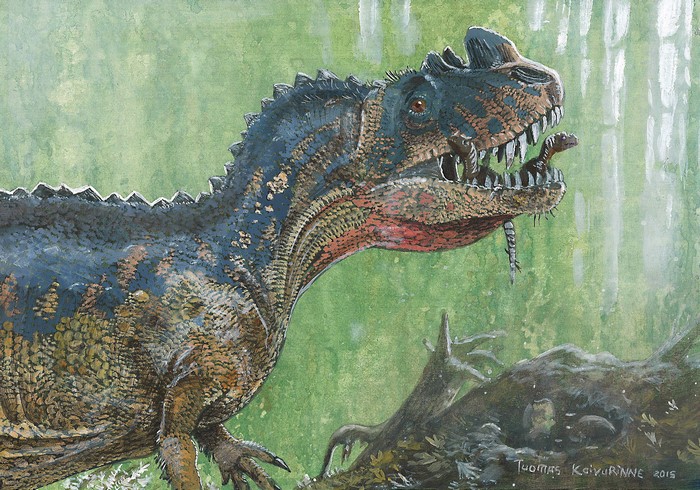 Dinosaur eating a smaller dinosaur, artwork by Tuomas Koivurinne