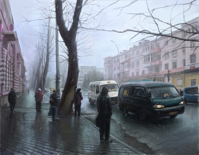 Painting of Irkutsk street in Russia during winter