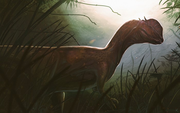 4K Dilophosaurus in a prehistoric jungle