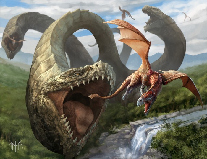 Multiple Dragons Fighting Near Waterfall