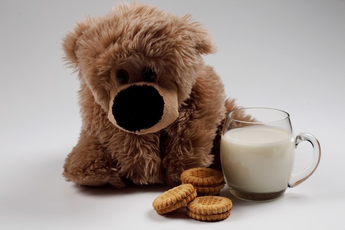 Teddy bear with milk and cookies