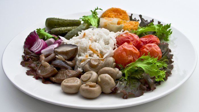 Plate of Pickled Vegetables, Mushrooms, and Tomatoes