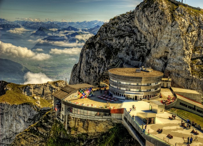 Mount Pilatus Hotel with zigzag path and mountain landscape