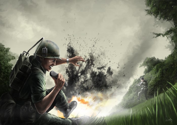 Soldiers in a jungle during an explosion