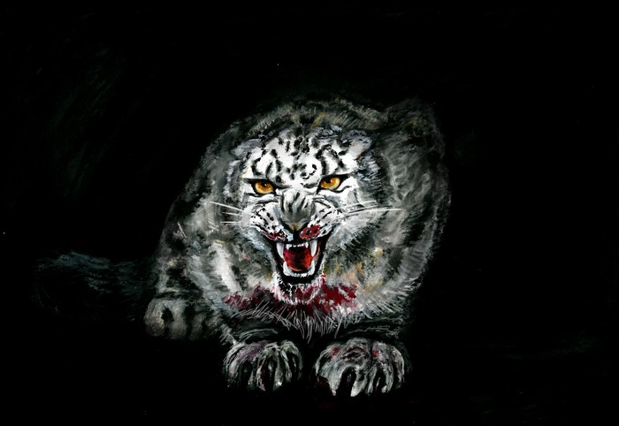 Painting of a Snow Leopard Roaring with Blood