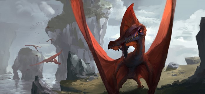 Pterodactyls flying over rocky islands