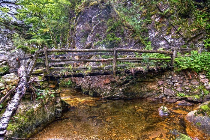 Wooden bridge over a stream in Caleao, Asturias, Spain