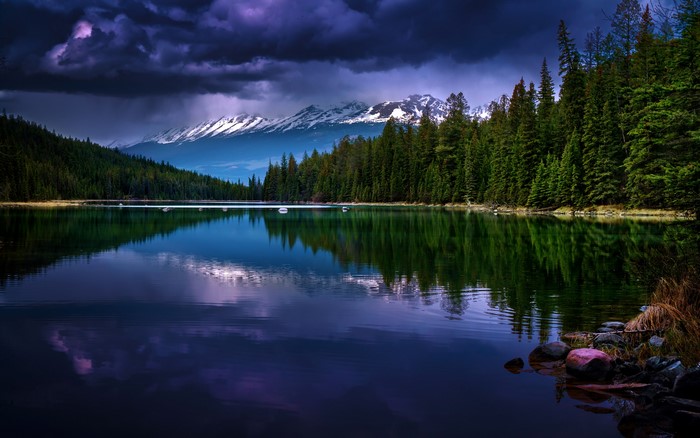 Alberta Canada Parks Lake Mountains Forests Scenery Clouds