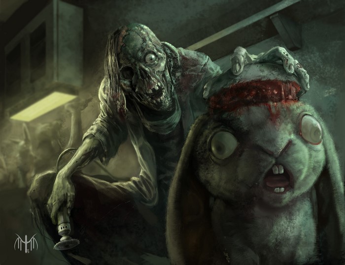 Zombie holding a mutilated stuffed rabbit
