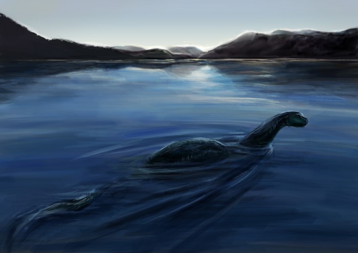 Loch Ness Monster swimming in a lake