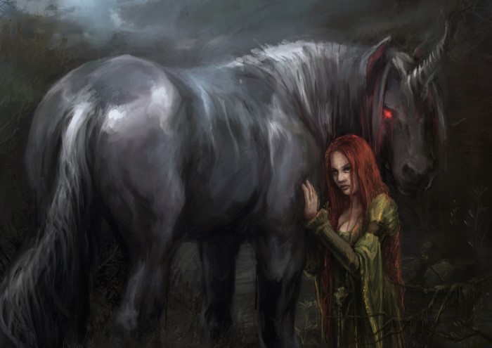 Girl with a dark unicorn