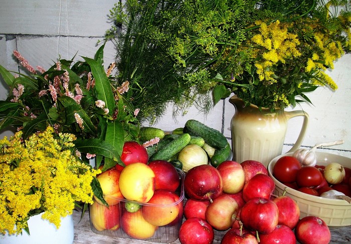 Apples, Cucumbers, Tomatoes, and Flowers with a Vase