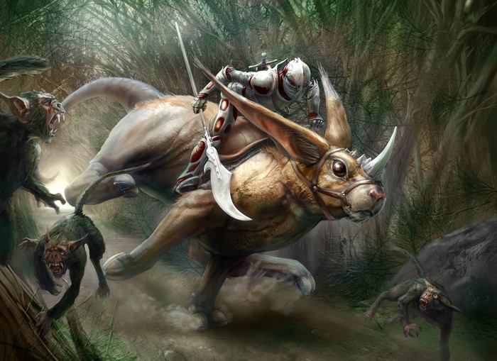 Warrior riding a magical animal fighting goblins
