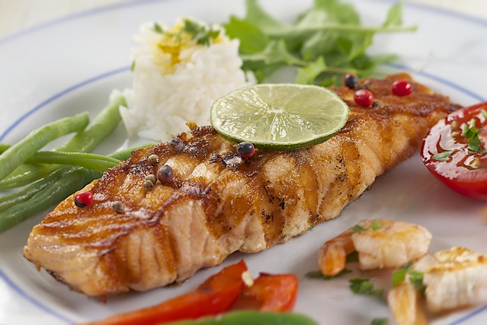 Grilled Salmon with Rice, Green Beans, and Shrimp