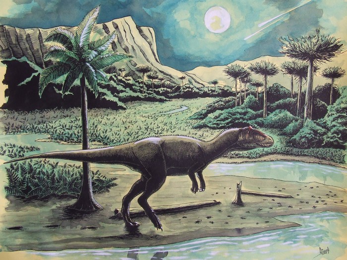 Dinosaur walking by a river under the moonlight