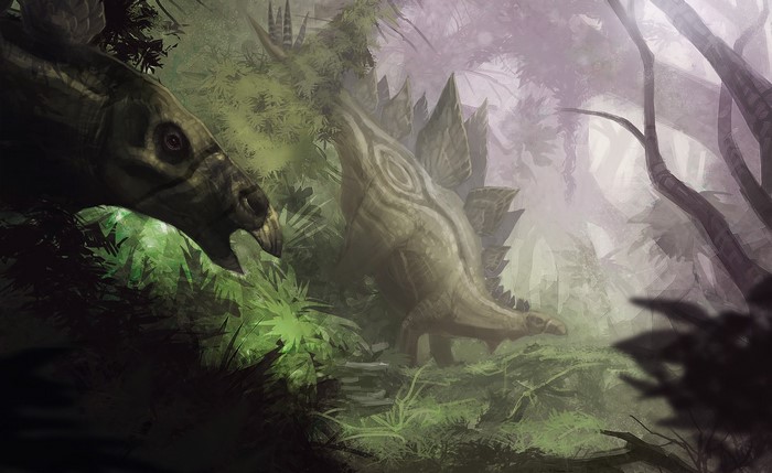 Stegosaurus dinosaurs in a prehistoric jungle