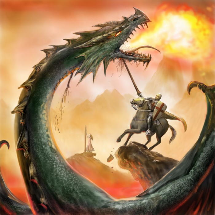 Knight fighting a fire-breathing dragon