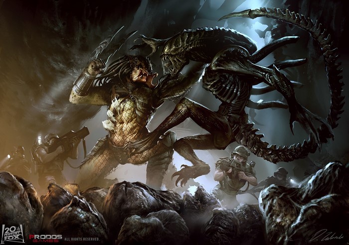 Predator and Alien fighting with soldiers