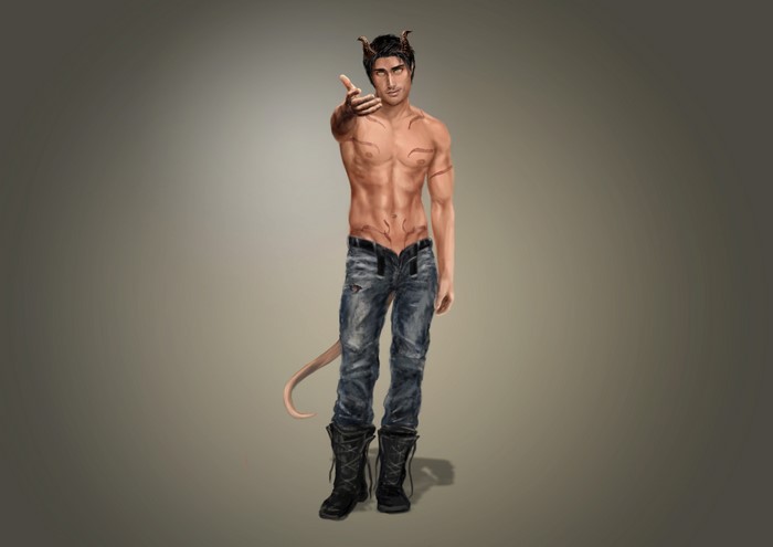 Shirtless demon man with horns and tail