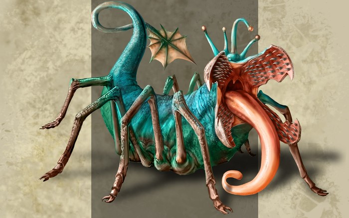 A monstrous creature with multiple legs and a long tongue