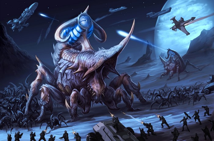 Alien monsters and soldiers in space battle