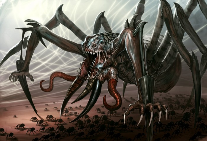 Giant monstrous spider with many eyes and fangs surrounded by smaller spiders
