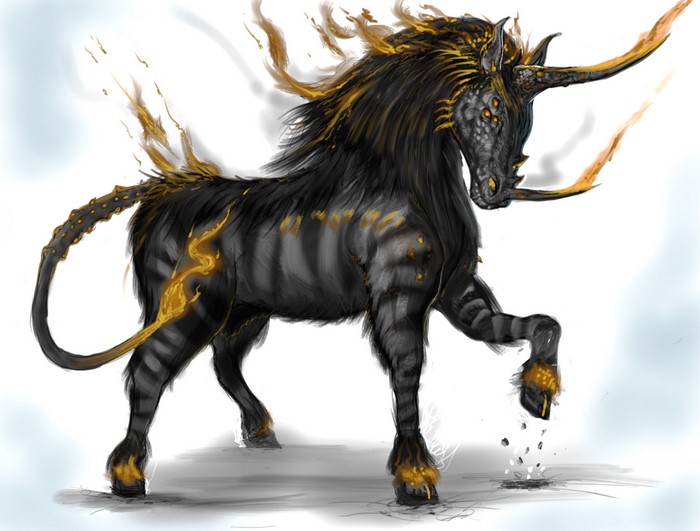 A black unicorn with golden flames and stripes