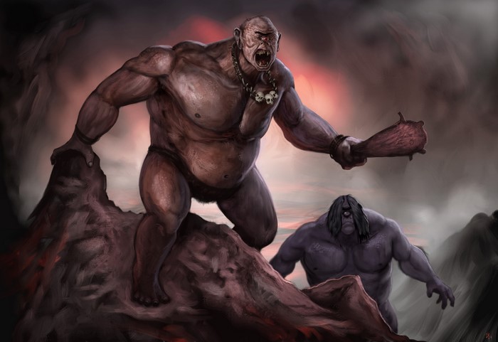 Two cyclops monsters with clubs in a rocky landscape