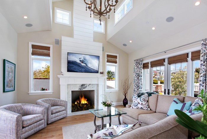 Living room with fireplace and sectional sofa