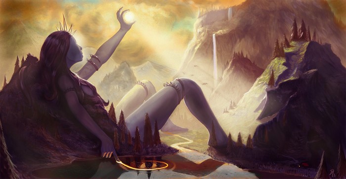 Giantess Goddess holding sun over mountainous landscape