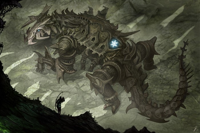 Giant mechanical creature in a cave with a lone archer