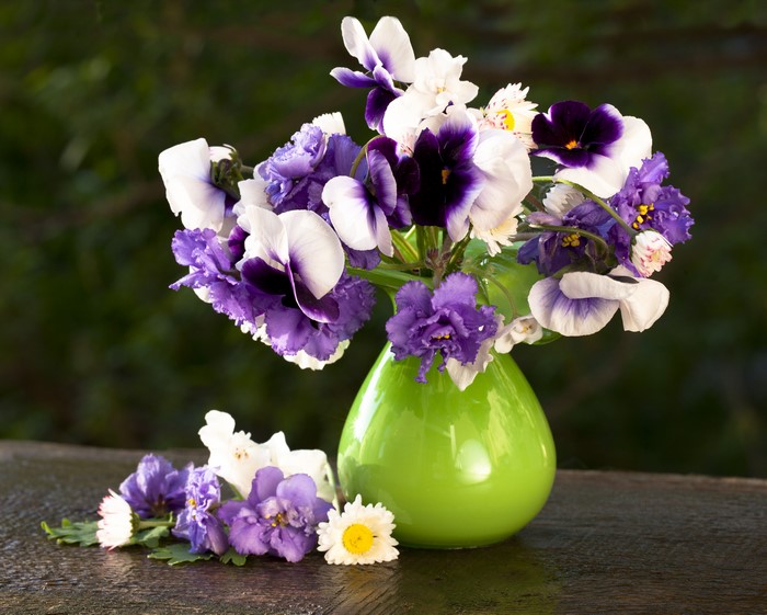 Bouquet of Pansies in a Green Vase