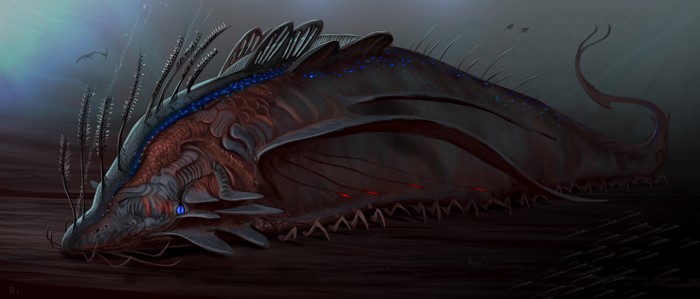 Monstrous deep-sea creature with bioluminescent spots