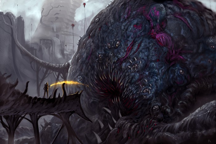 Giant monster with a person on a bridge