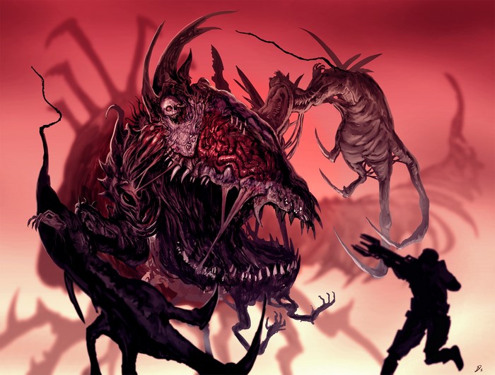 Monsters battling a soldier in a red landscape
