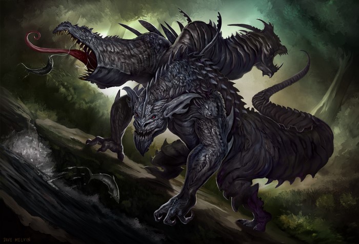 Three-headed dragon monster in a dark forest